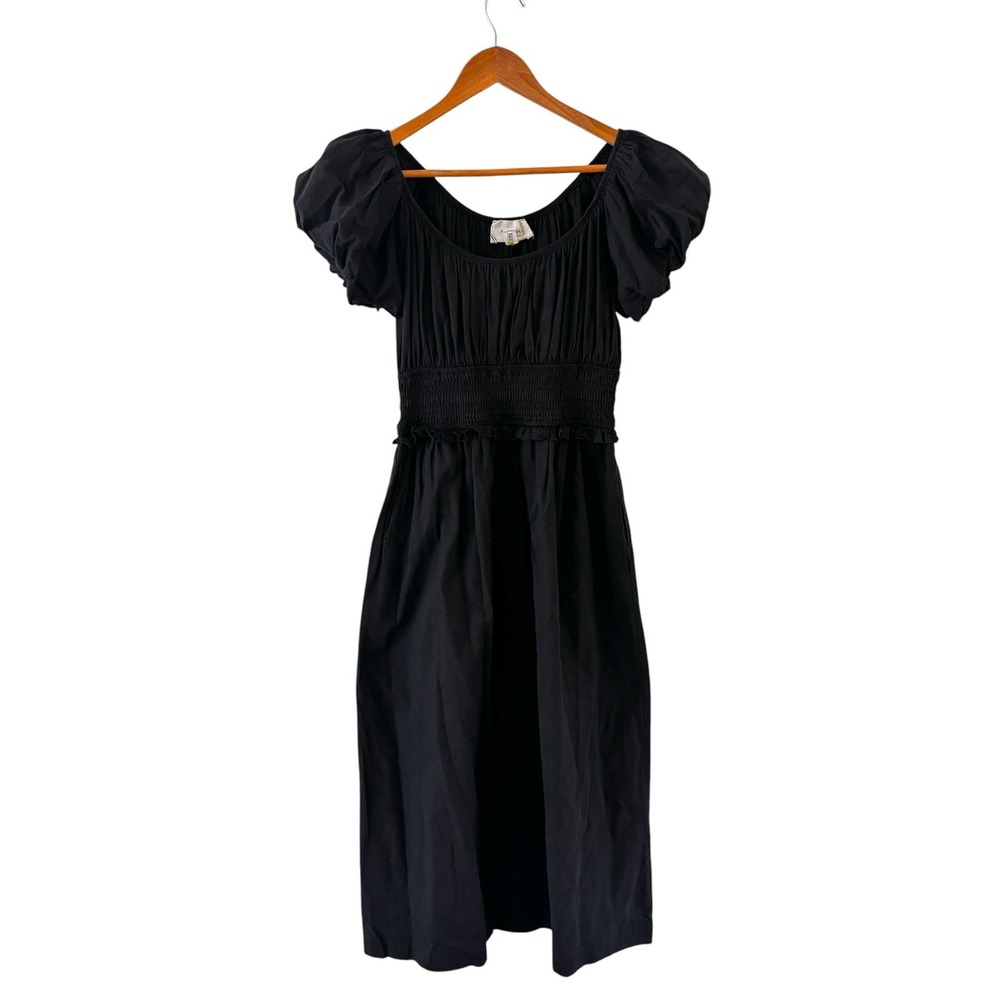 Pomander Place Smocked Midi Dress Womens S Black Puff Sleeve Cottage Coquette